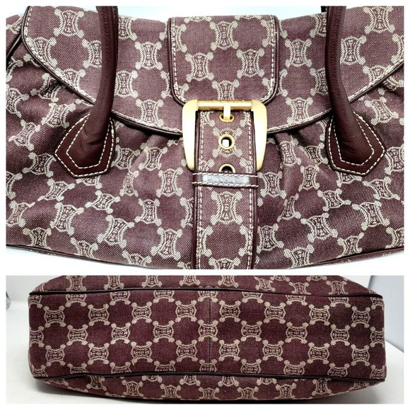 VTG Celine Triomphe Burgundy Canvas Leather Large Shoulder Tote Hand Bag Auth - Picture 7 of 12